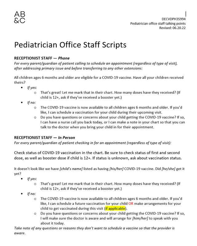 COVID-19 Vaccine Pediatrician Office Scripts