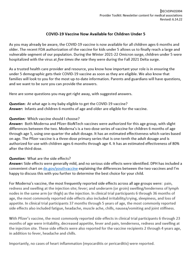 Under 5 Vaccine Newsletter Content