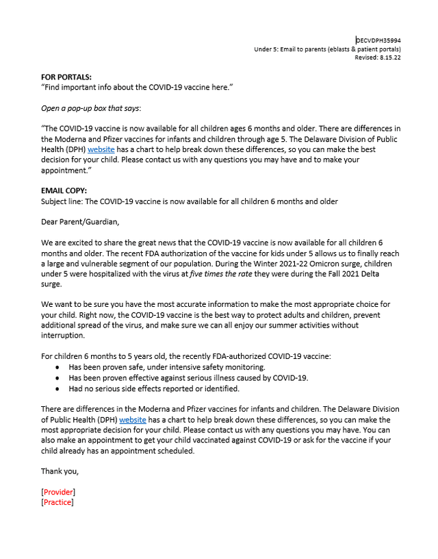 Under 5 Provider Email Content for Parents